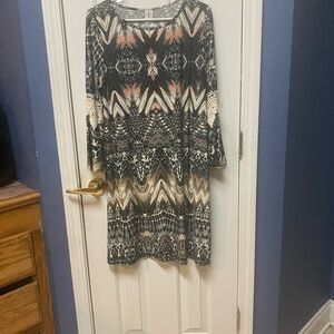 R Rouge Womens Size L Sheer Colorful Boho Tunic Blouse 3/4 Lace Bell Sleeves.